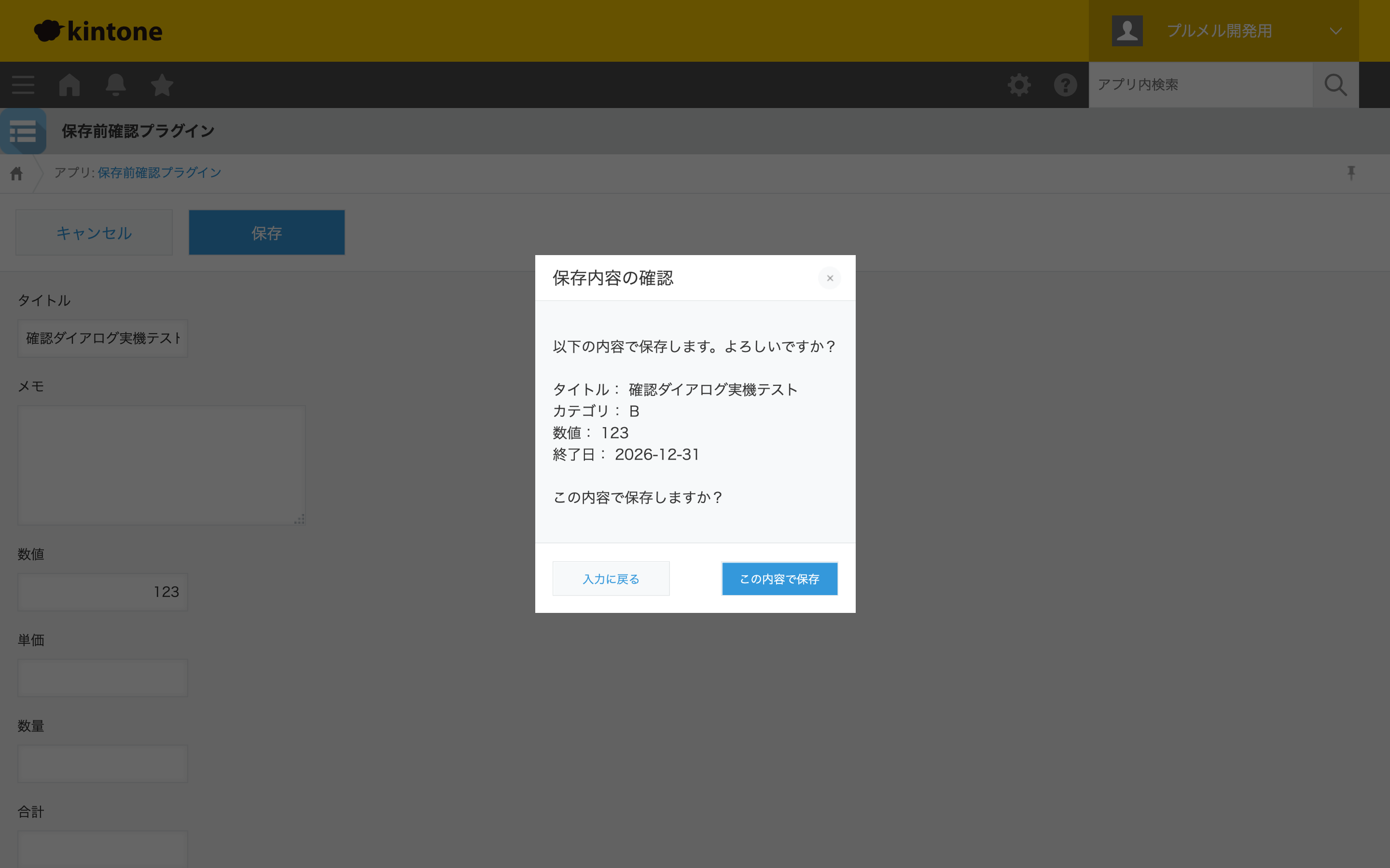 保存前:重要項目の確認画面を表示