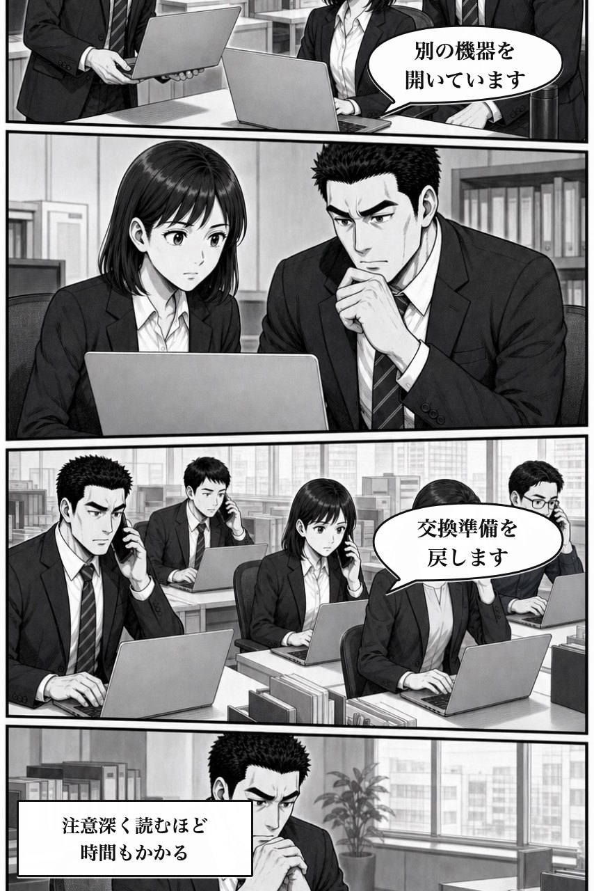 QR・バーコード入力プラグインの業務改善漫画 2ページ目。困りごとの業務影響が広がり、事実を受け止める