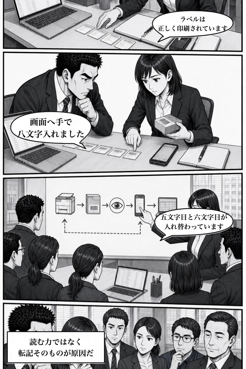 QR・バーコード入力プラグインの業務改善漫画 3ページ目。記録と操作順を並べ、個人ではなく仕事の形に原因を見つける