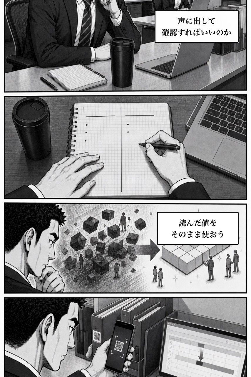 QR・バーコード入力プラグインの業務改善漫画 4ページ目。注意を増やす案を退け、仕組みで変える余白をつくる