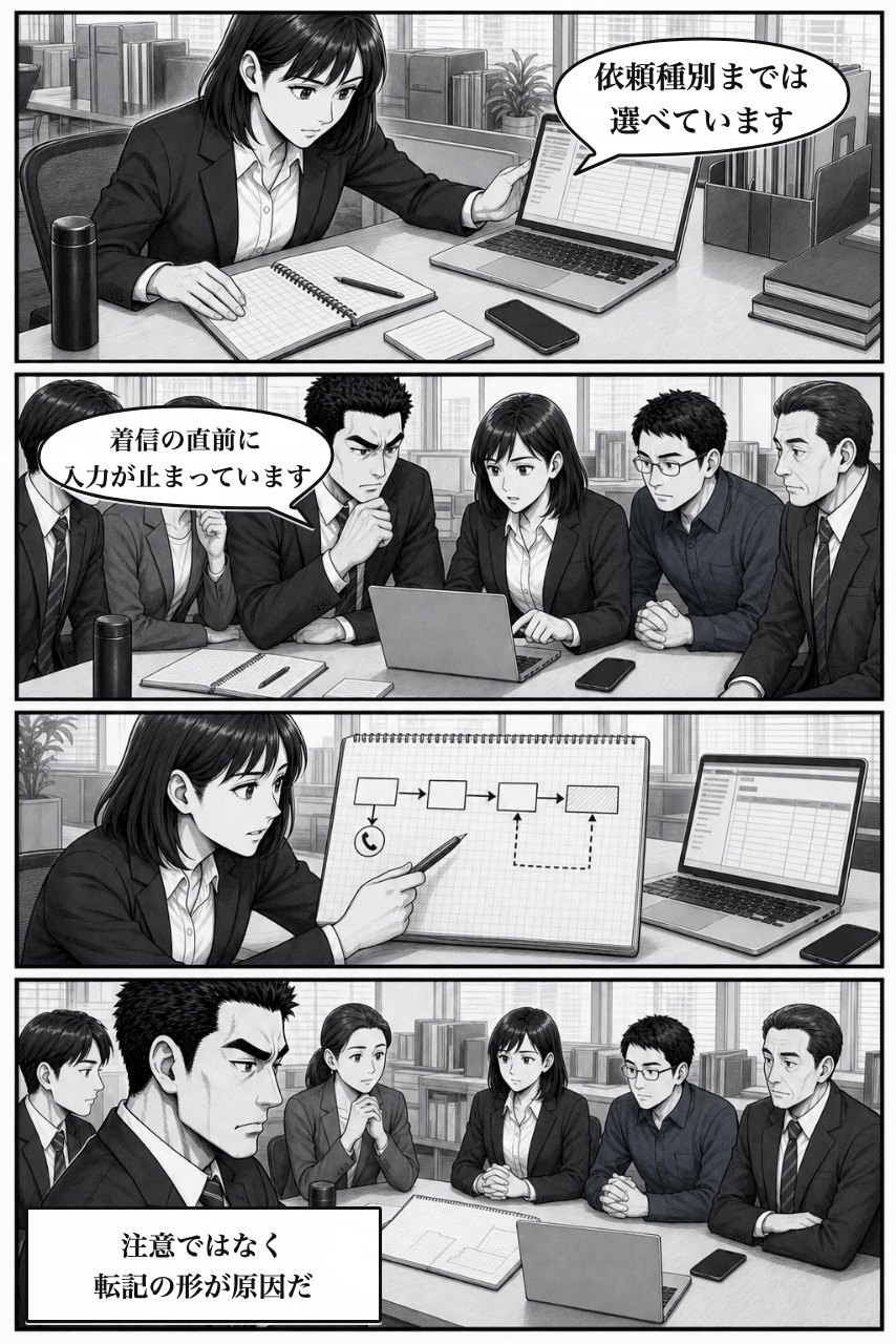 条件分岐自動入力プラグインの業務改善漫画 3ページ目。記録と操作順を並べ、個人ではなく仕事の形に原因を見つける