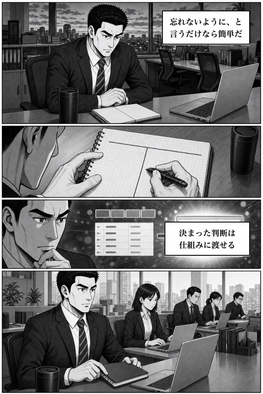 条件分岐自動入力プラグインの業務改善漫画 4ページ目。注意を増やす案を退け、仕組みで変える余白をつくる