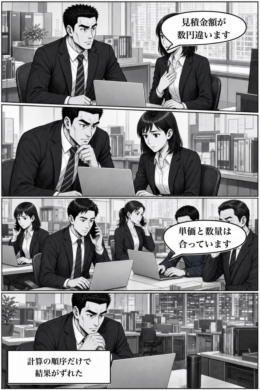 かんたん計算プラグインの業務改善漫画 2ページ目。困りごとの業務影響が広がり、事実を受け止める