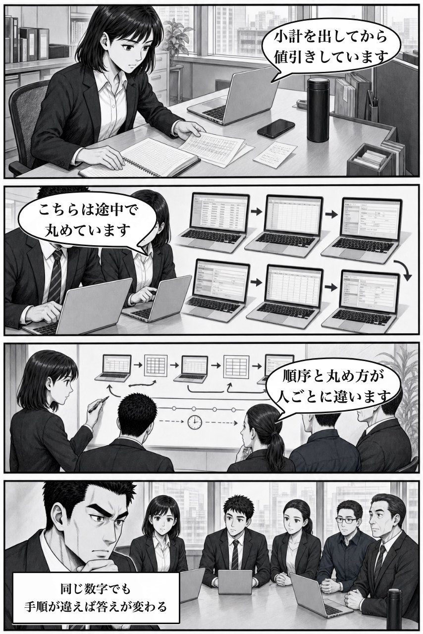 かんたん計算プラグインの業務改善漫画 3ページ目。記録と操作順を並べ、個人ではなく仕事の形に原因を見つける
