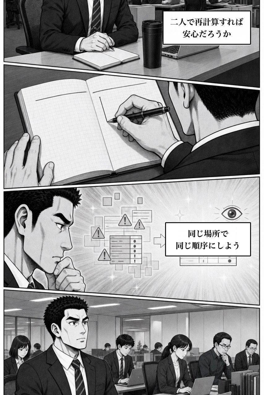 かんたん計算プラグインの業務改善漫画 4ページ目。注意を増やす案を退け、仕組みで変える余白をつくる