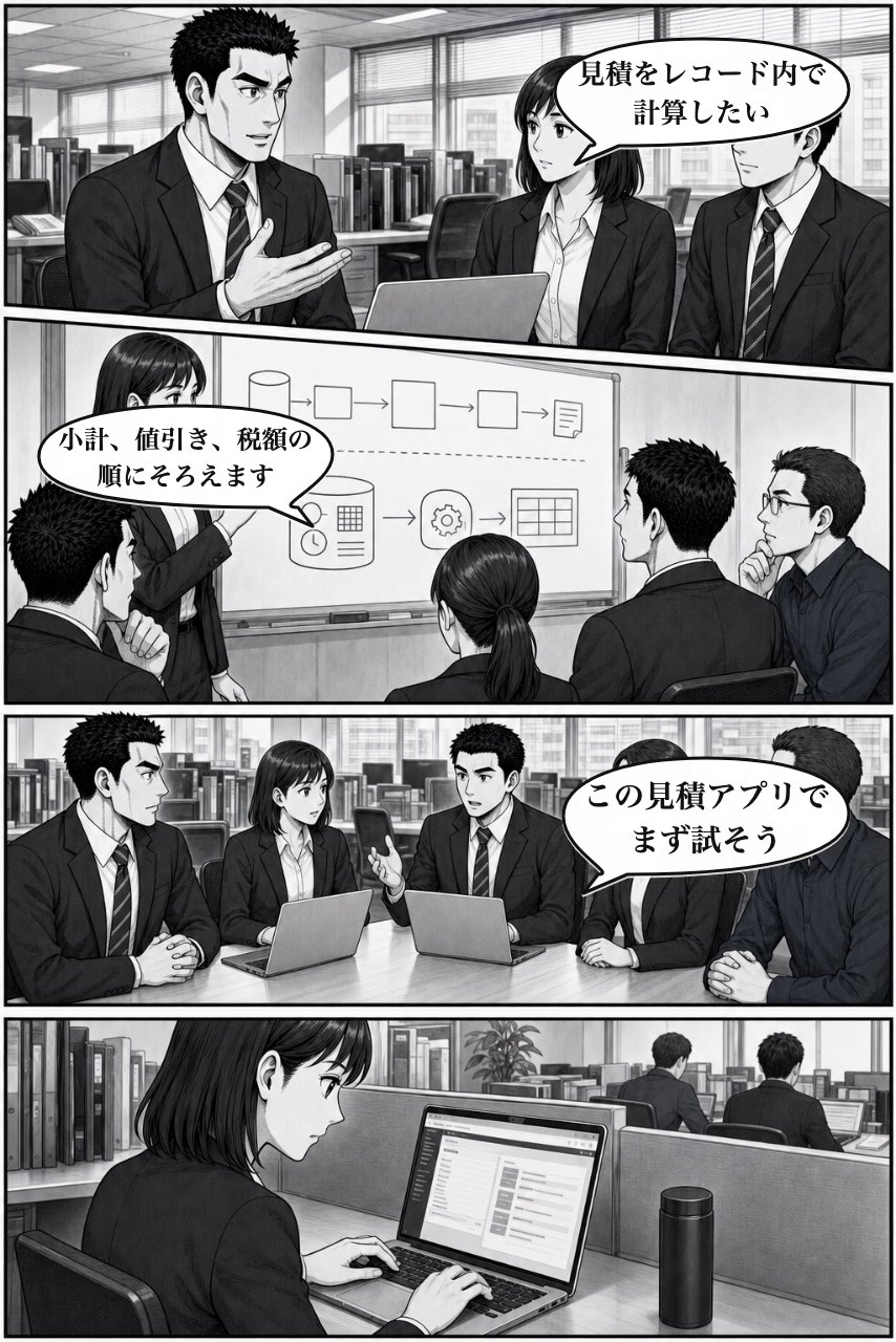 かんたん計算プラグインの業務改善漫画 5ページ目。翌朝、仕事の変え方をチームで定義し、調査へ渡す