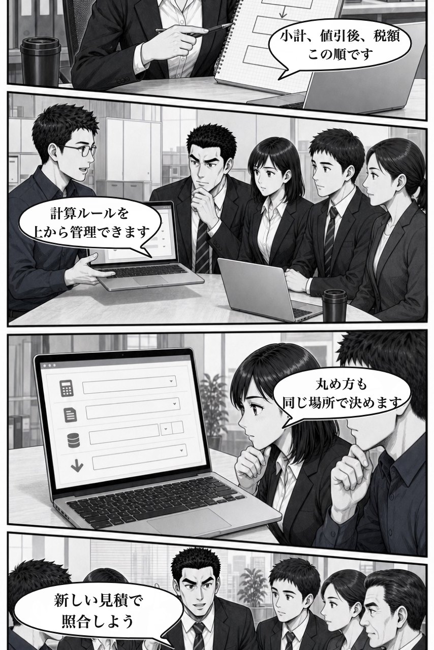 かんたん計算プラグインの業務改善漫画 6ページ目。複数計算ルールを順序付きで管理する