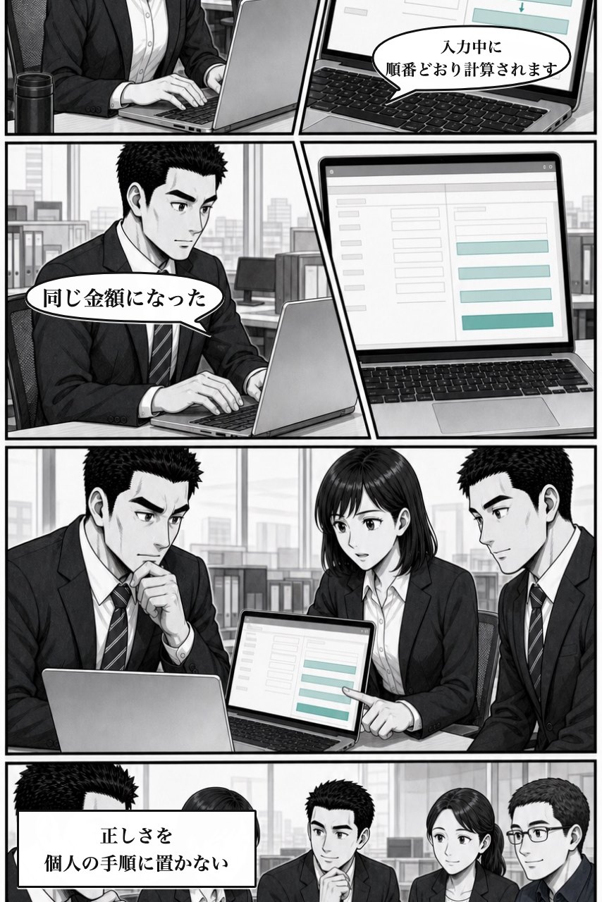 かんたん計算プラグインの業務改善漫画 7ページ目。入力中に同じ順序で計算され金額が一致する