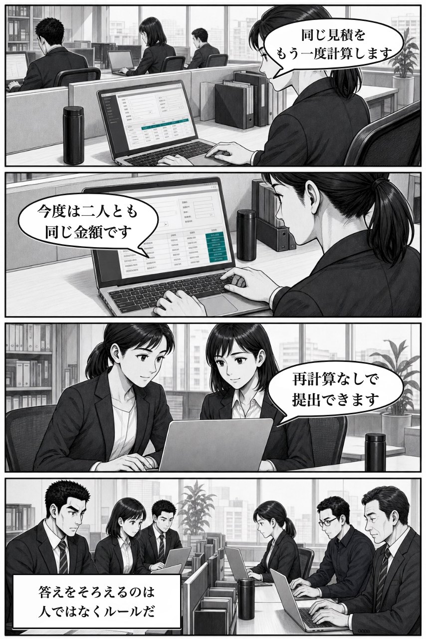 かんたん計算プラグインの業務改善漫画 8ページ目。翌日の通常業務で効果が定着し、次の判断へつながる