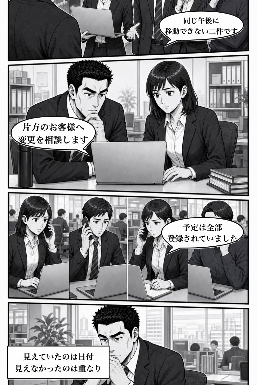 カレンダープラグインの業務改善漫画 2ページ目。困りごとの業務影響が広がり、事実を受け止める
