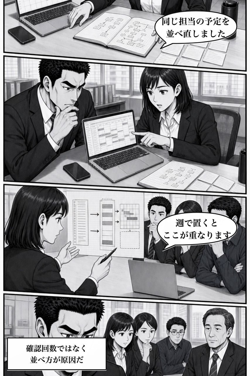 カレンダープラグインの業務改善漫画 3ページ目。記録と操作順を並べ、個人ではなく仕事の形に原因を見つける