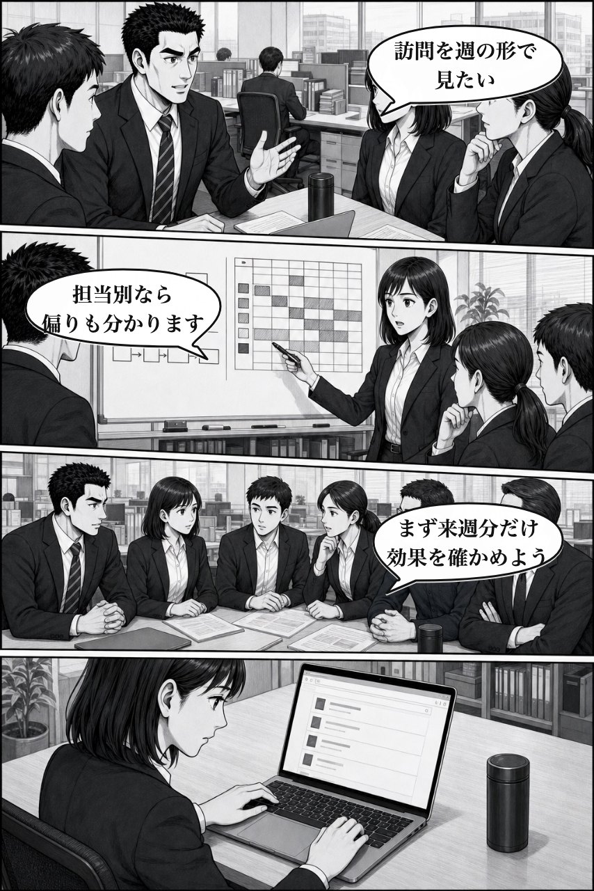 カレンダープラグインの業務改善漫画 5ページ目。翌朝、仕事の変え方をチームで定義し、調査へ渡す