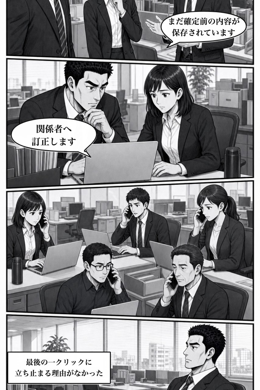 保存前確認プラグインの業務改善漫画 2ページ目。困りごとの業務影響が広がり、事実を受け止める