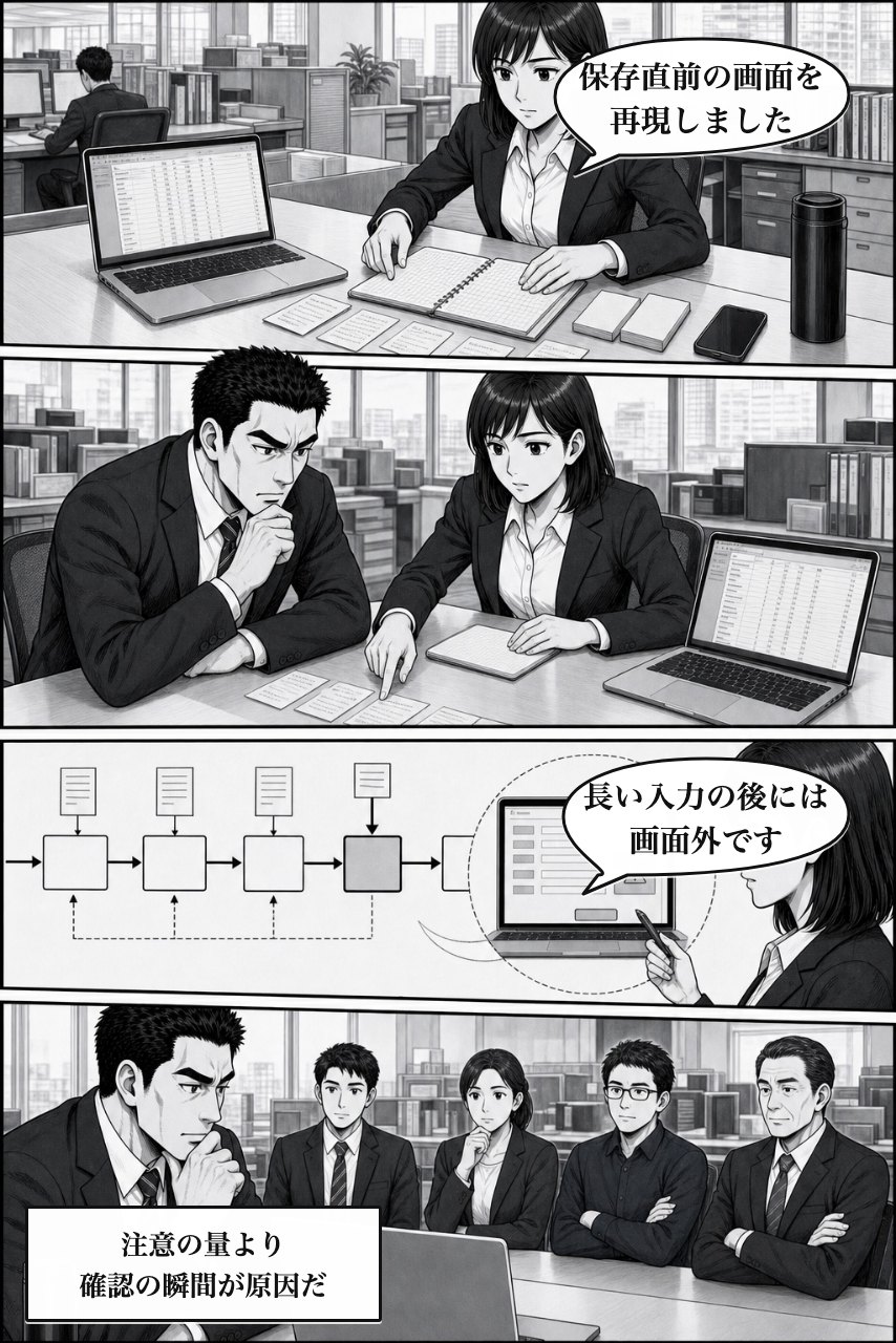 保存前確認プラグインの業務改善漫画 3ページ目。記録と操作順を並べ、個人ではなく仕事の形に原因を見つける