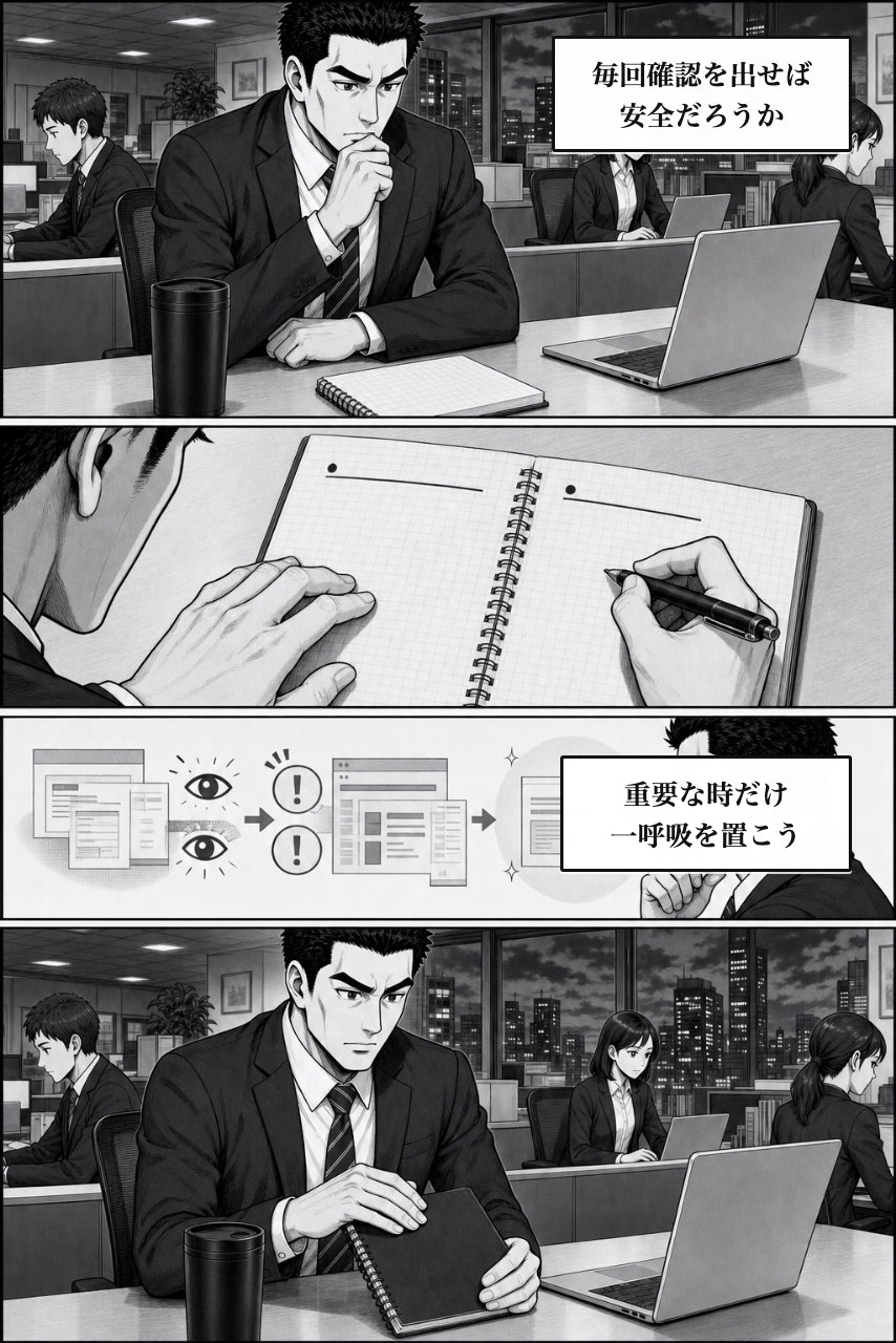 保存前確認プラグインの業務改善漫画 4ページ目。注意を増やす案を退け、仕組みで変える余白をつくる