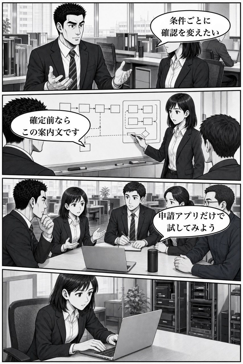 保存前確認プラグインの業務改善漫画 5ページ目。翌朝、仕事の変え方をチームで定義し、調査へ渡す