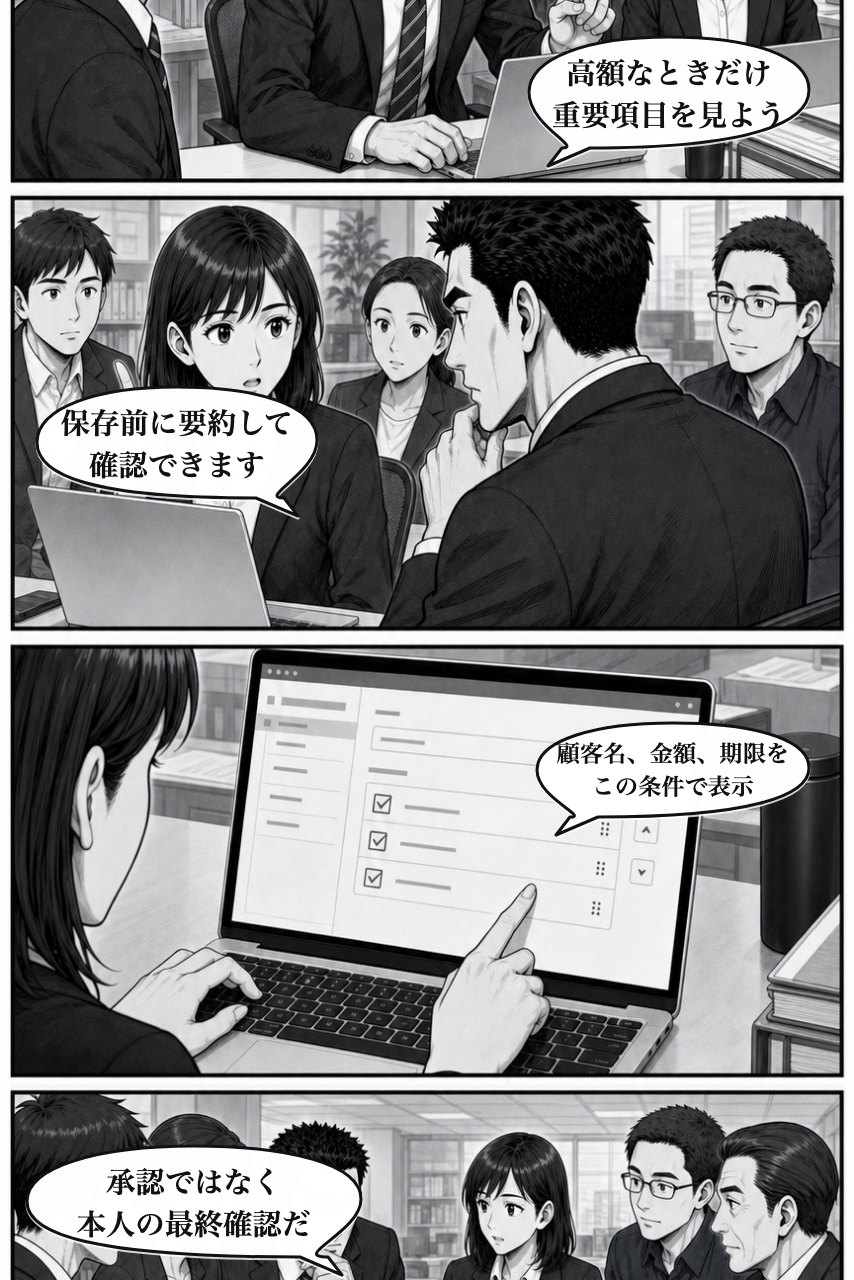 保存前確認プラグインの業務改善漫画 6ページ目。保存時に重要項目を要約する仕組みを選ぶ