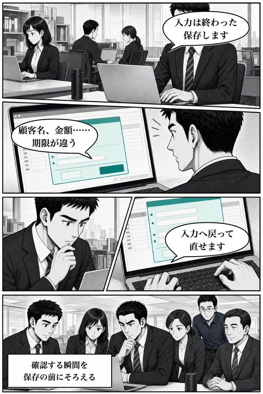 保存前確認プラグインの業務改善漫画 7ページ目。保存前要約で期限違いを自分で見つける