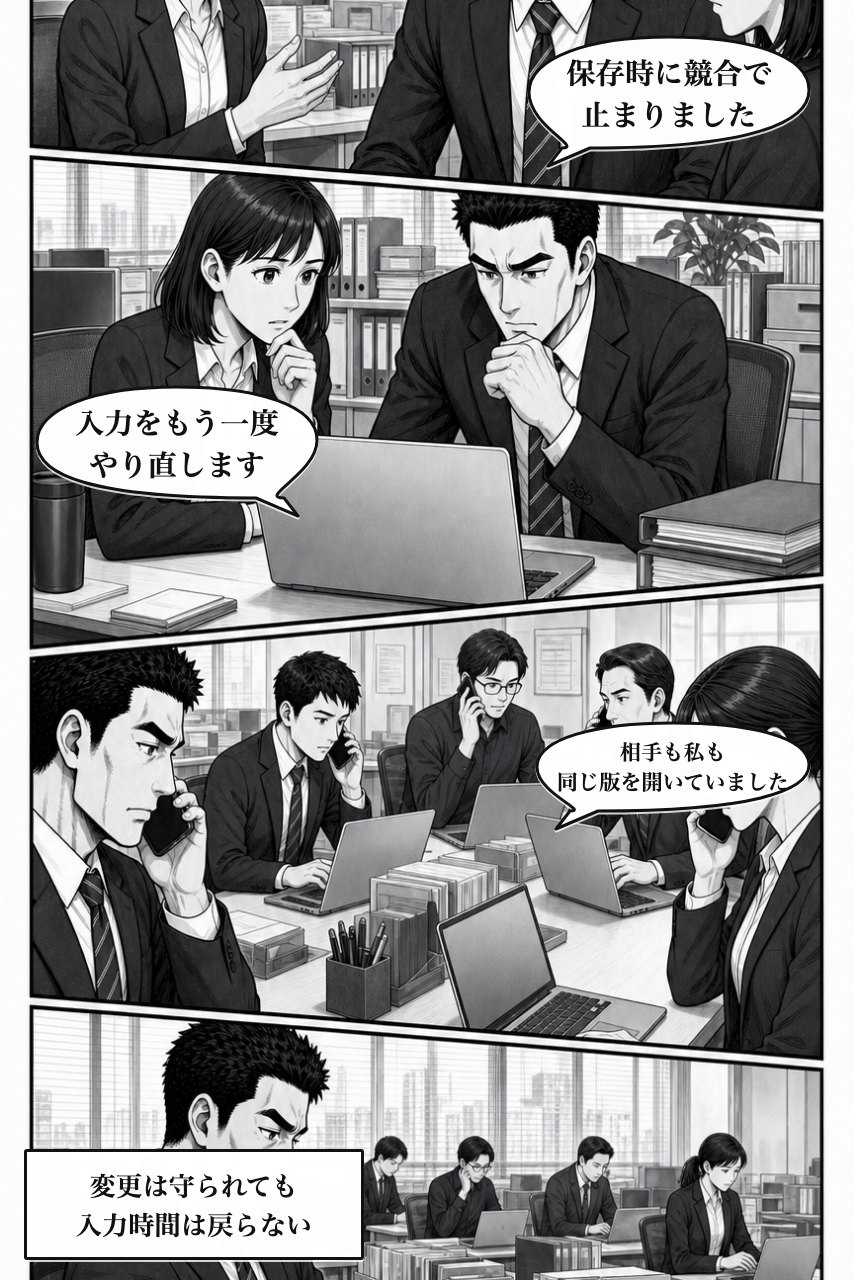 レコード同時編集ガードプラグインの業務改善漫画 2ページ目。保存時の競合で入力のやり直しが発生する