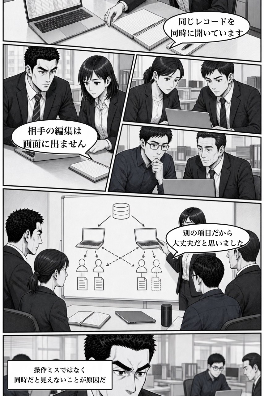 レコード同時編集ガードプラグインの業務改善漫画 3ページ目。記録と操作順を並べ、個人ではなく仕事の形に原因を見つける