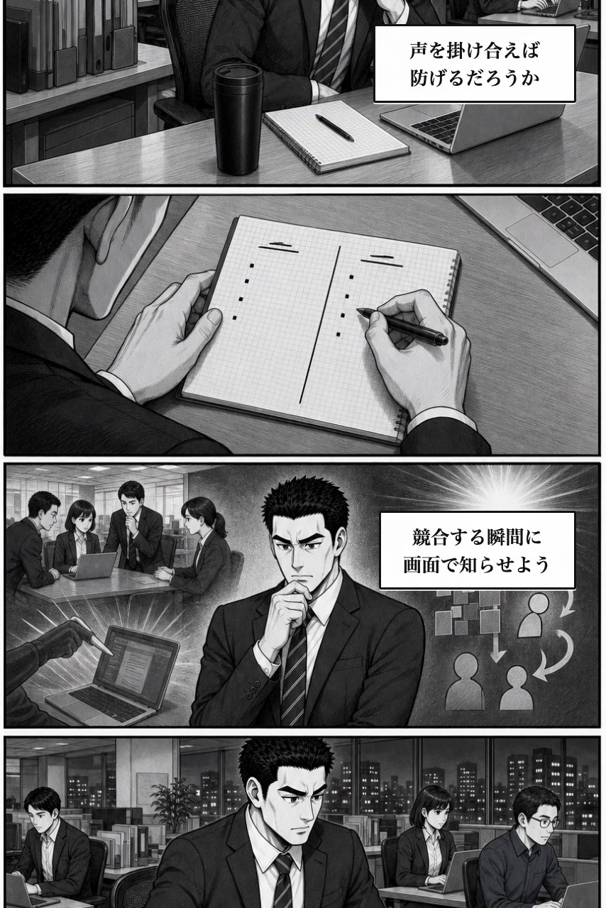 レコード同時編集ガードプラグインの業務改善漫画 4ページ目。注意を増やす案を退け、仕組みで変える余白をつくる