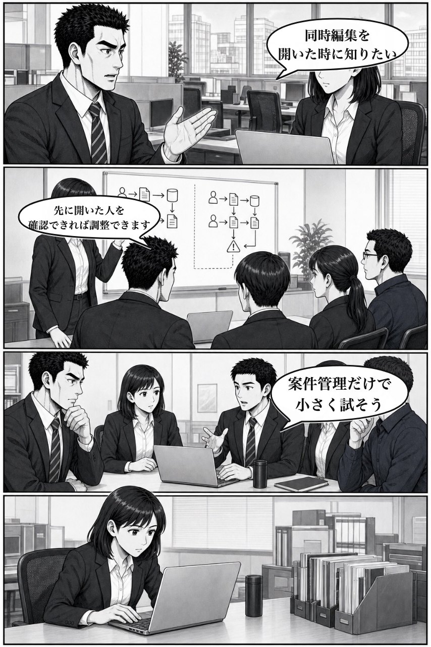 レコード同時編集ガードプラグインの業務改善漫画 5ページ目。翌朝、仕事の変え方をチームで定義し、調査へ渡す
