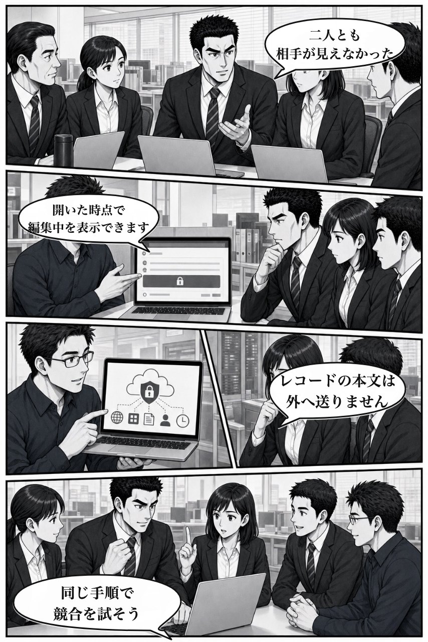 レコード同時編集ガードプラグインの業務改善漫画 6ページ目。編集開始前に知らせるクラウドガードを確認する
