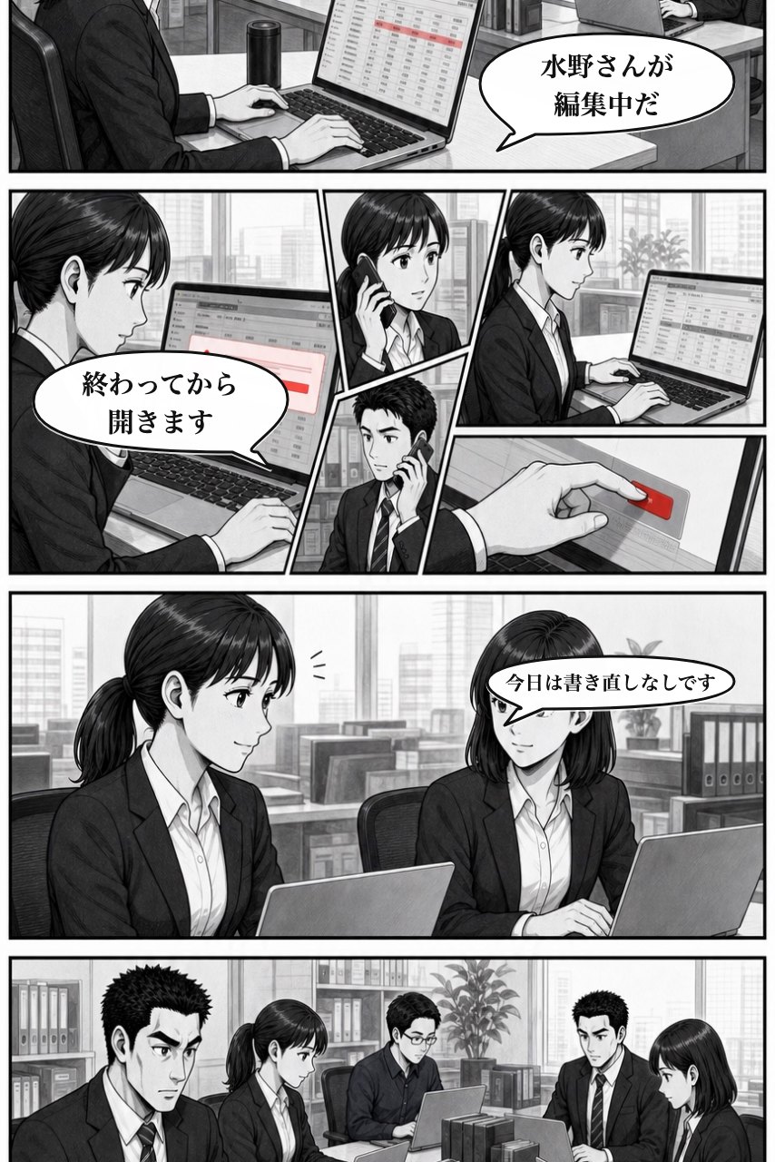 レコード同時編集ガードプラグインの業務改善漫画 8ページ目。翌日の通常業務で効果が定着し、次の判断へつながる
