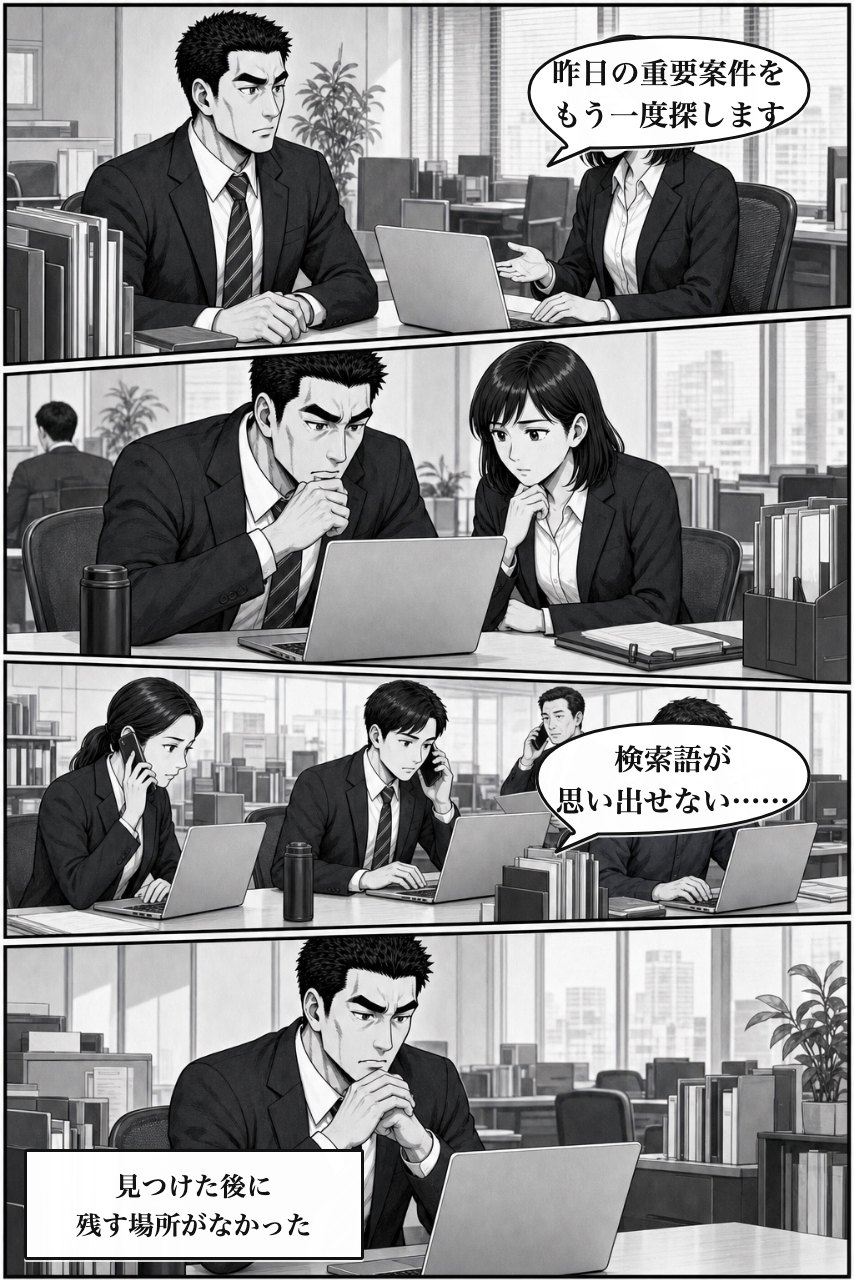 お気に入りレコードプラグインの業務改善漫画 2ページ目。困りごとの業務影響が広がり、事実を受け止める