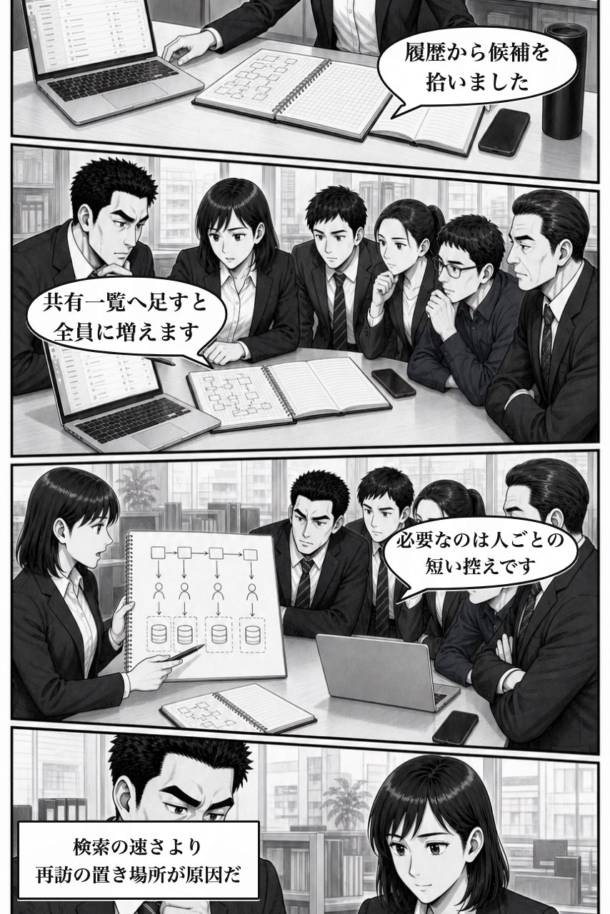 お気に入りレコードプラグインの業務改善漫画 3ページ目。記録と操作順を並べ、個人ではなく仕事の形に原因を見つける