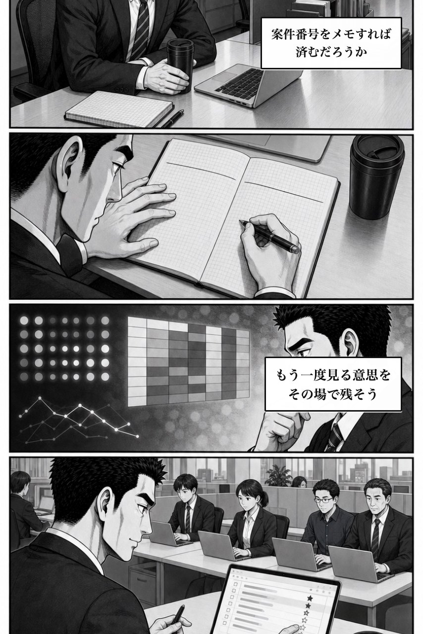 お気に入りレコードプラグインの業務改善漫画 4ページ目。注意を増やす案を退け、仕組みで変える余白をつくる