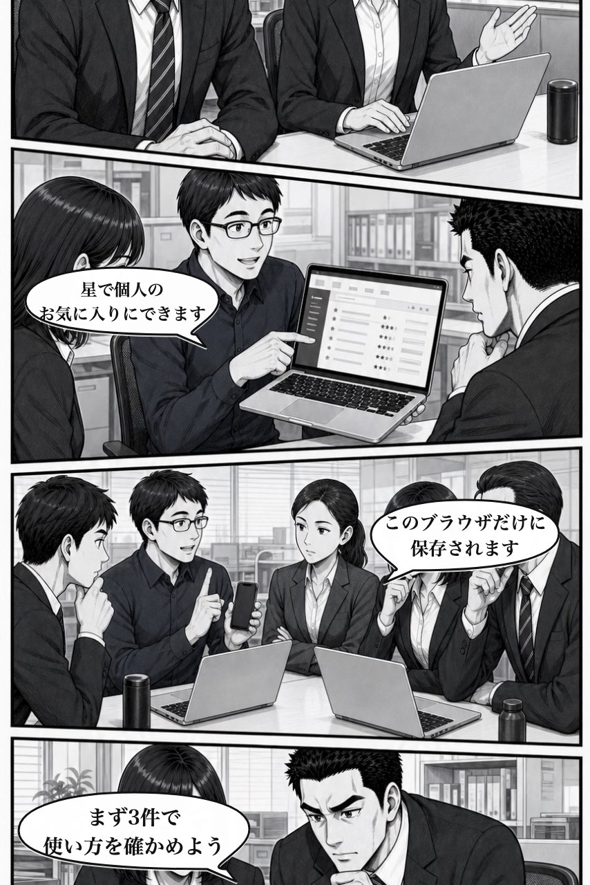 お気に入りレコードプラグインの業務改善漫画 6ページ目。個人用ショートカットという解決を選ぶ