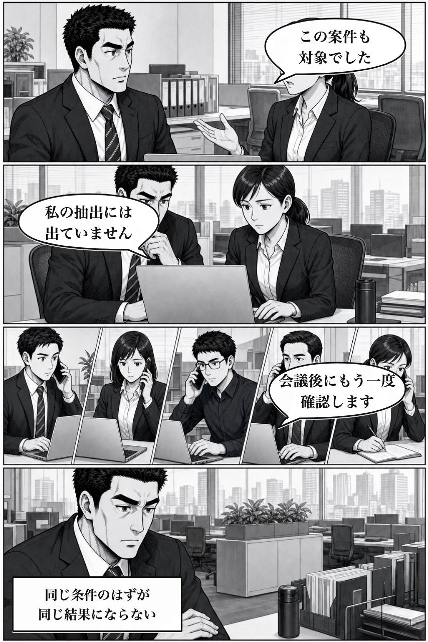 高度な絞り込みプラグインの業務改善漫画 2ページ目。困りごとの業務影響が広がり、事実を受け止める