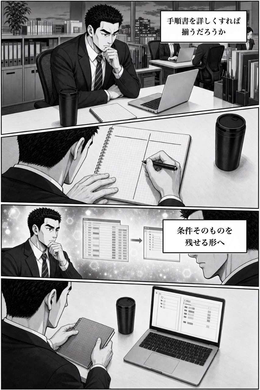 高度な絞り込みプラグインの業務改善漫画 4ページ目。注意を増やす案を退け、仕組みで変える余白をつくる