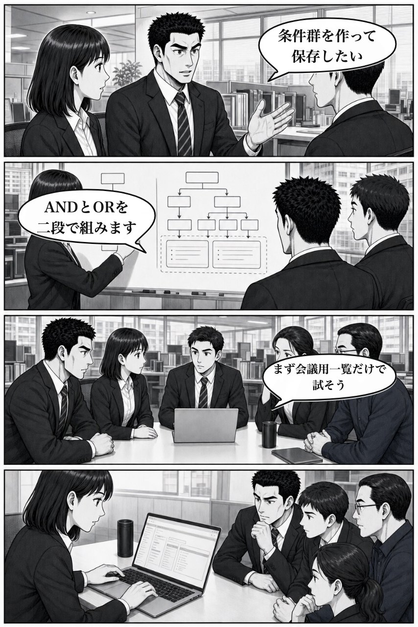 高度な絞り込みプラグインの業務改善漫画 5ページ目。翌朝、仕事の変え方をチームで定義し、調査へ渡す