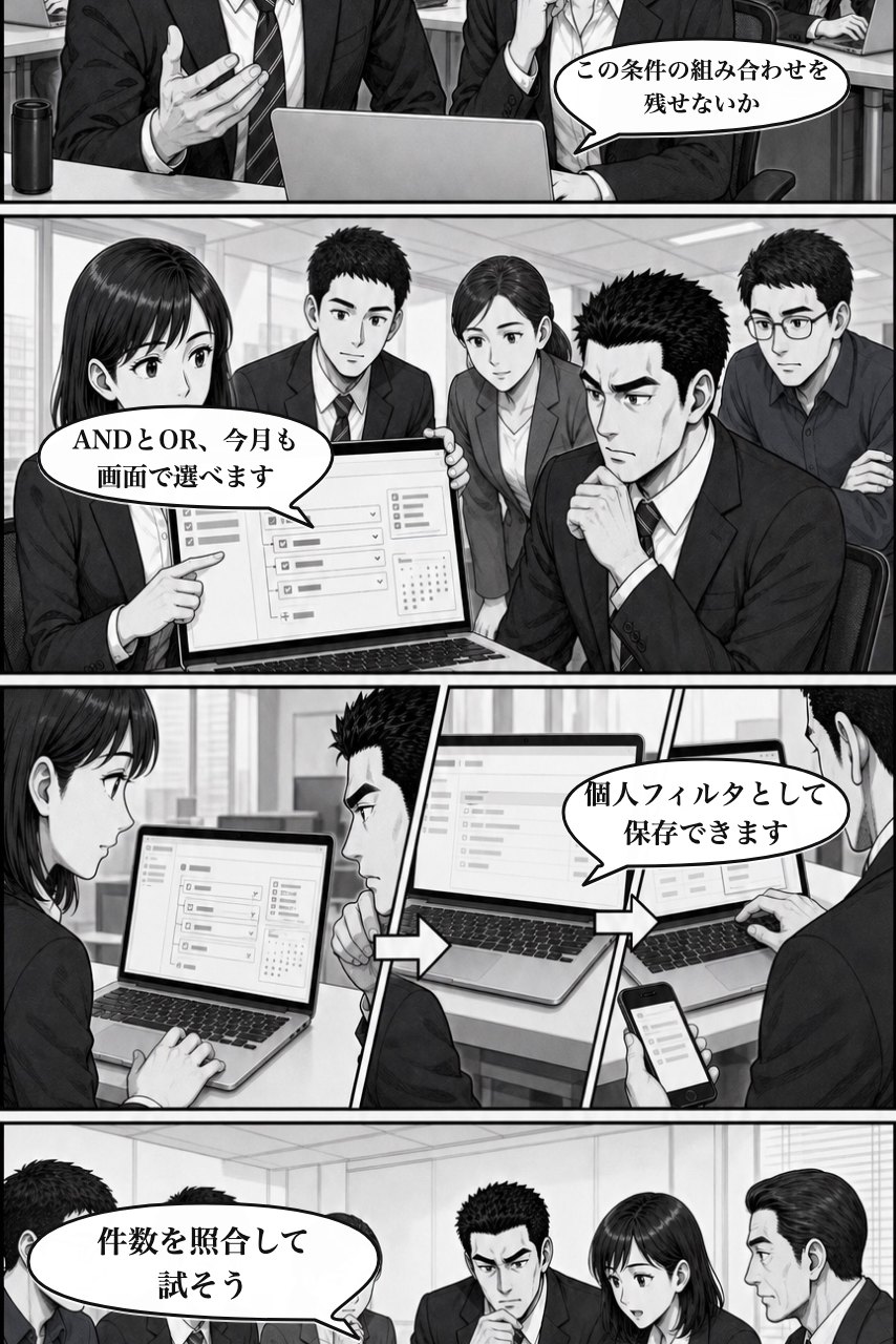 高度な絞り込みプラグインの業務改善漫画 6ページ目。一覧上で複合条件を保存できる方法を見つける