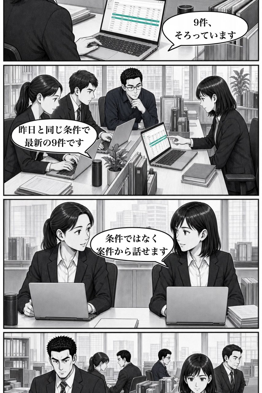 高度な絞り込みプラグインの業務改善漫画 8ページ目。翌日の通常業務で効果が定着し、次の判断へつながる