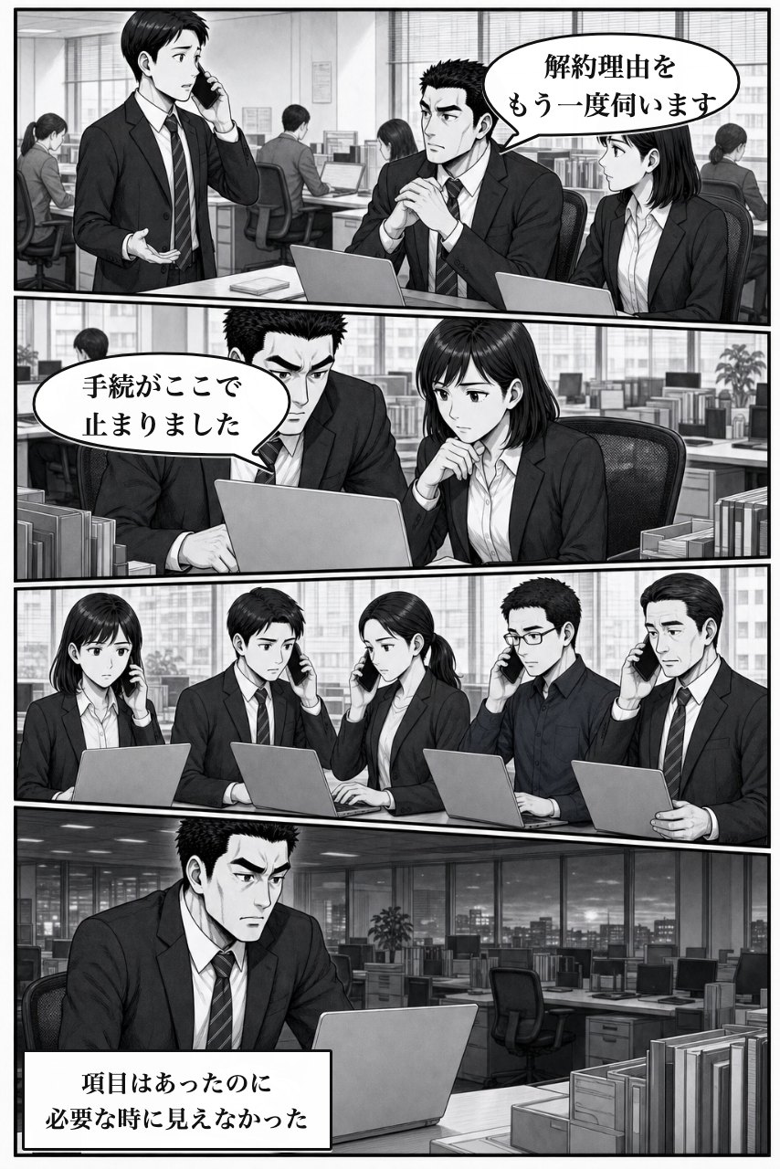 条件分岐必須・表示切替プラグインの業務改善漫画 2ページ目。困りごとの業務影響が広がり、事実を受け止める