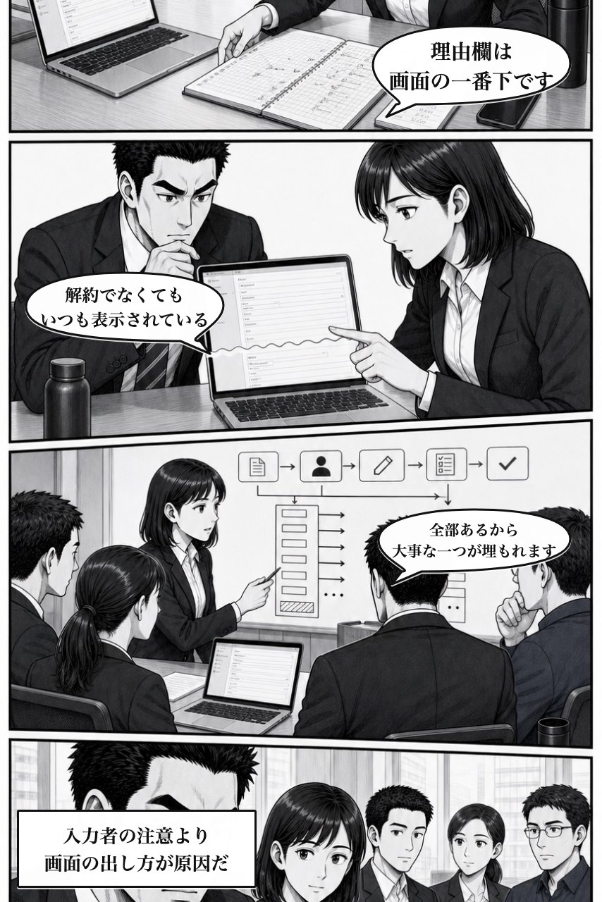 条件分岐必須・表示切替プラグインの業務改善漫画 3ページ目。記録と操作順を並べ、個人ではなく仕事の形に原因を見つける