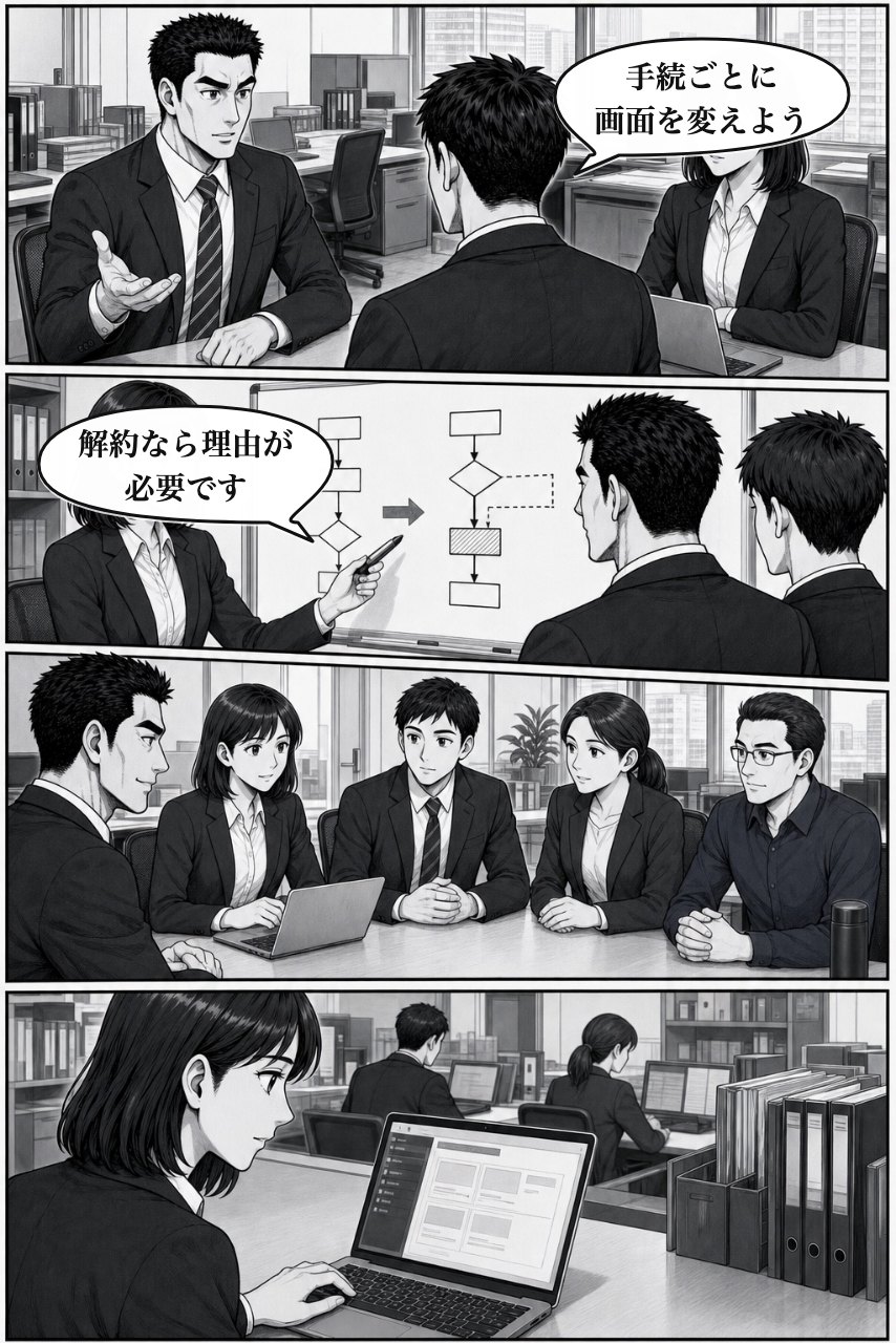 条件分岐必須・表示切替プラグインの業務改善漫画 5ページ目。翌朝、仕事の変え方をチームで定義し、調査へ渡す