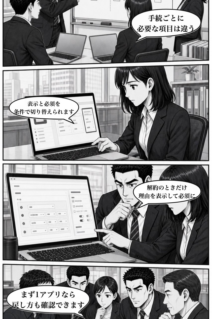 条件分岐必須・表示切替プラグインの業務改善漫画 6ページ目。条件に応じた表示と必須化を発見する