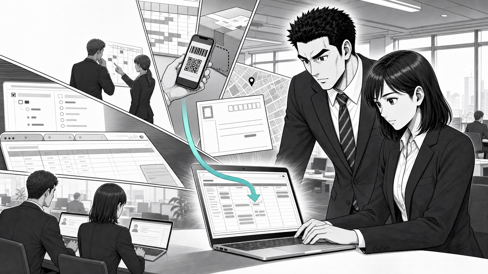 高瀬と水野が、複数の業務上の問題を一つずつ整理している白黒漫画のキービジュアル