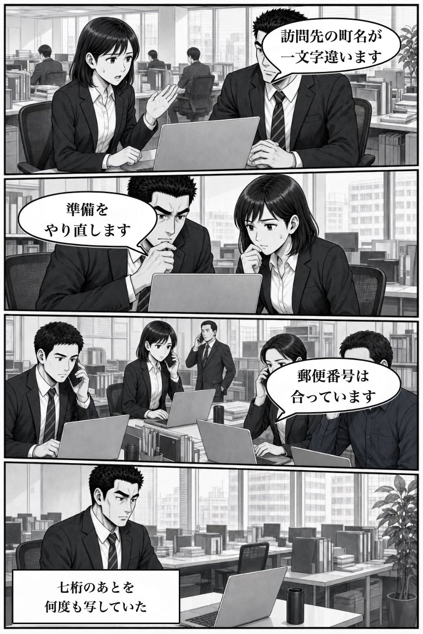 郵便番号住所入力プラグインの業務改善漫画 2ページ目。困りごとの業務影響が広がり、事実を受け止める