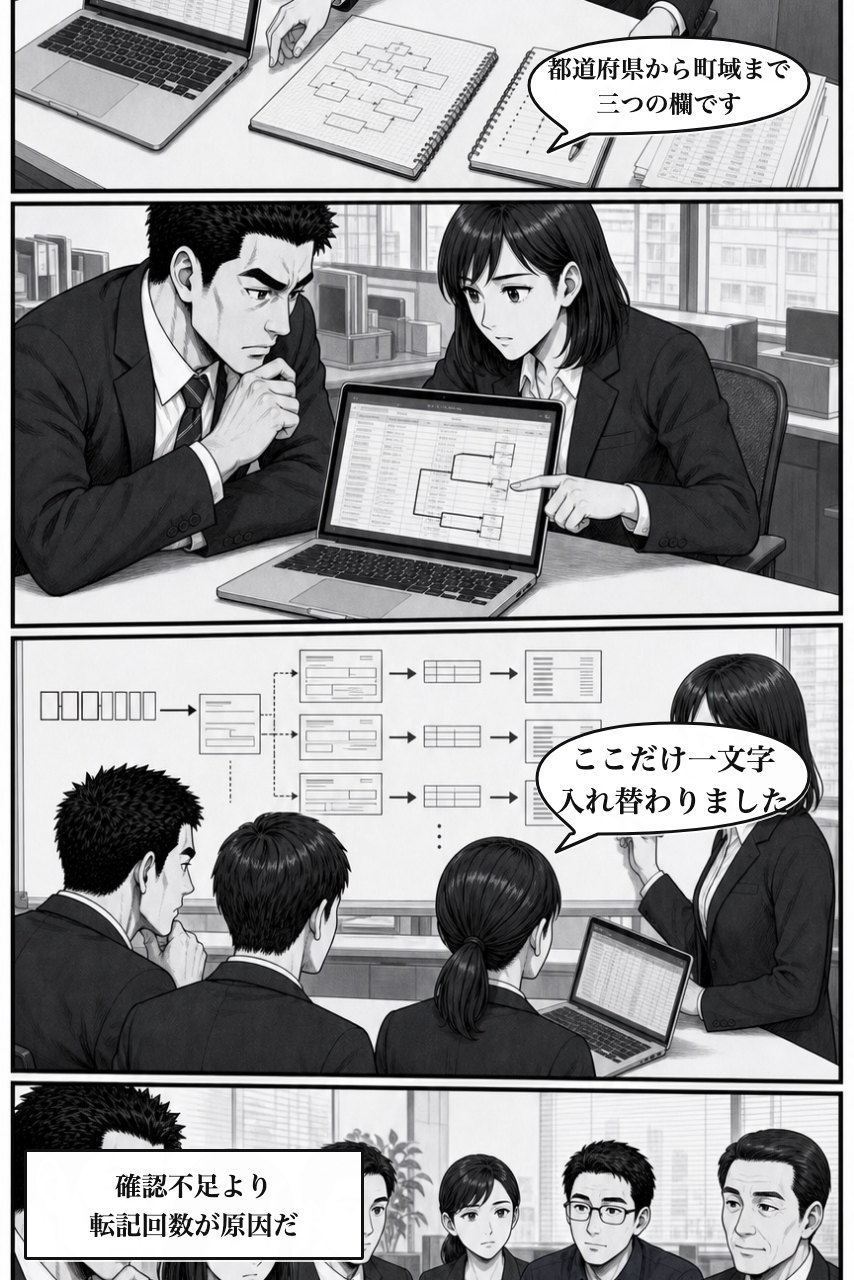 郵便番号住所入力プラグインの業務改善漫画 3ページ目。記録と操作順を並べ、個人ではなく仕事の形に原因を見つける