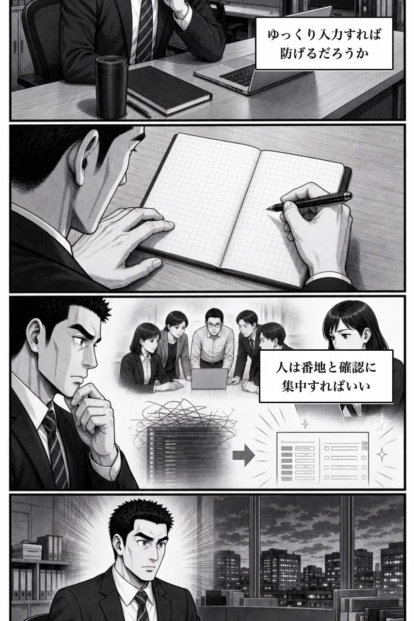 郵便番号住所入力プラグインの業務改善漫画 4ページ目。注意を増やす案を退け、仕組みで変える余白をつくる