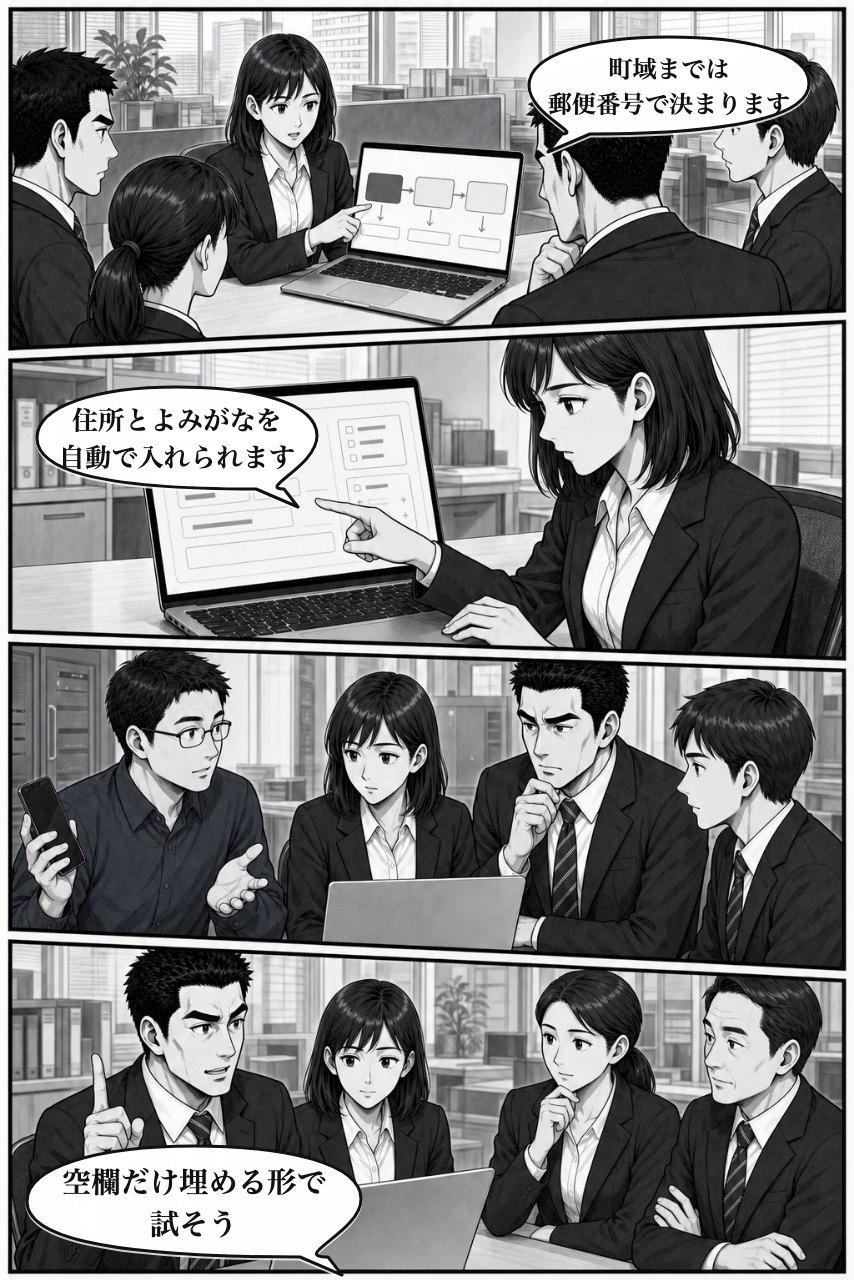 郵便番号住所入力プラグインの業務改善漫画 6ページ目。郵便番号から町域まで自動入力する方法を確認する