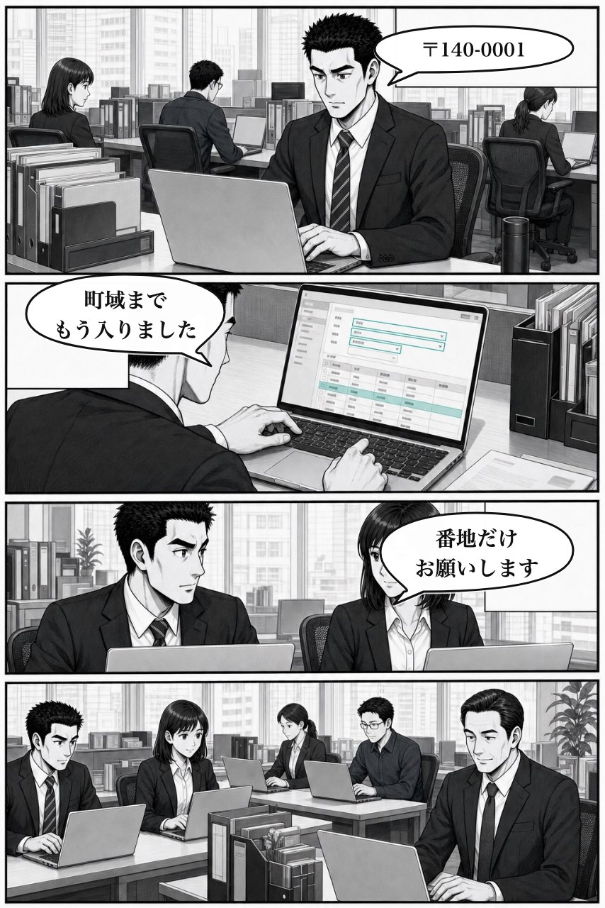 郵便番号住所入力プラグインの業務改善漫画 8ページ目。翌日の通常業務で効果が定着し、次の判断へつながる