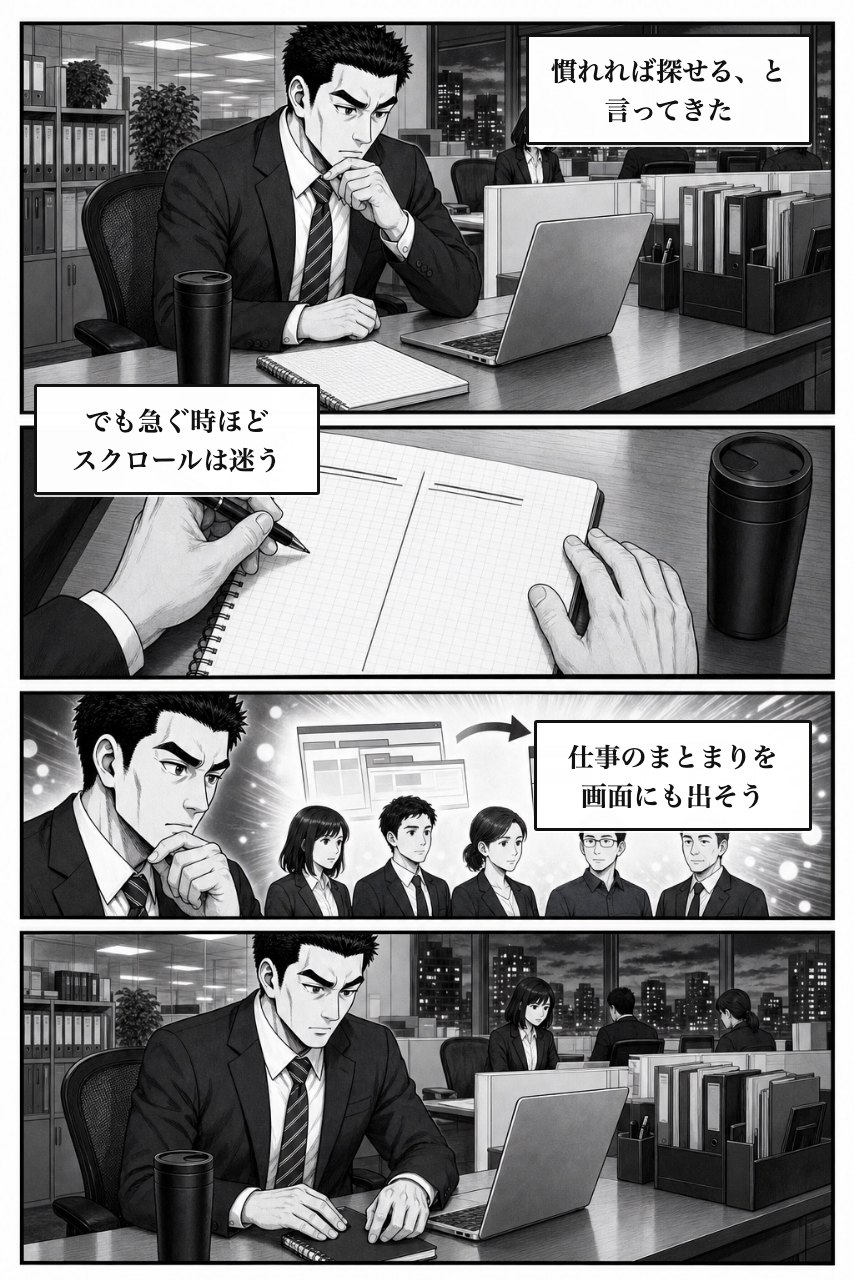 タブ表示プラグインの業務改善漫画 4ページ目。注意を増やす案を退け、仕組みで変える余白をつくる
